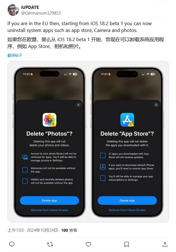 大足苹果手机维修分享iOS 18.2 支持删除 App Store 应用商店 