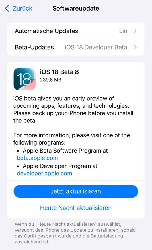 大足苹果手机维修分享苹果 iOS / iPadOS 18 开发者预览版 Beta 8 发布 